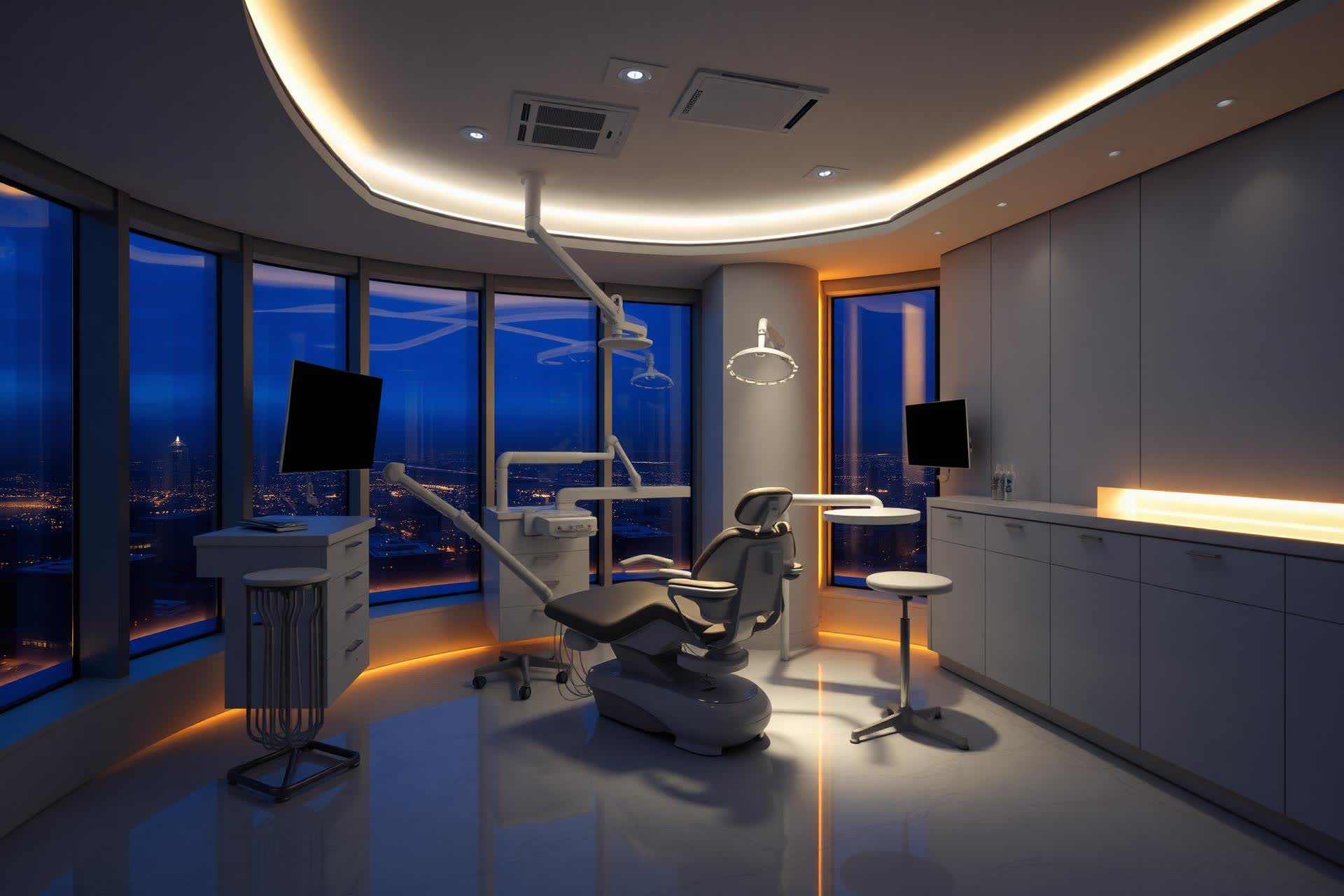 Interior of Dr. Amit Sharma Dental Hospital operatory at twilight
